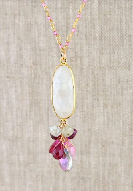 Necklaces AVF AVF Gold Oval Bezel Moonstone with Pink Sapphire Pink Topaz Mystic Topaz Ruby Rhodolite Garnet Necklace SI6716 Necklaces AVF AVF Gold Oval Bezel Moonstone with Pink Sapphire Pink Topaz Mystic Topaz Ruby Rhodolite Garnet Necklace SI6716