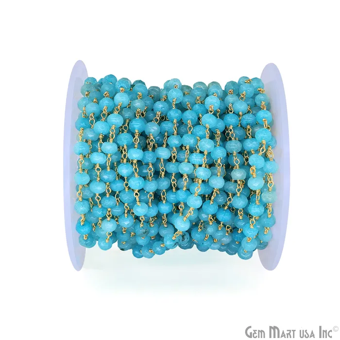 Necklaces Light Blue Jade 6mm Round Beads Gold Plated Wire Wrapped Rosary Chain GemMartUSA Necklaces Light Blue Jade 6mm Round Beads Gold Plated Wire Wrapped Rosary Chain GemMartUSA