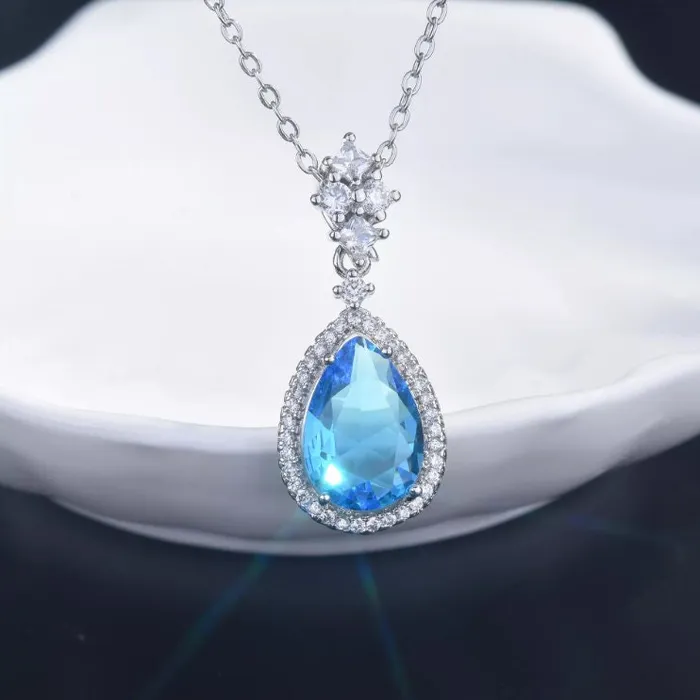 Necklaces Minx London Womens Necklace Teardrop Necklace Aquamarine Diamond Necklace Blue Diamond Pendant Pear Diamond Pendant Teardrop Pendant