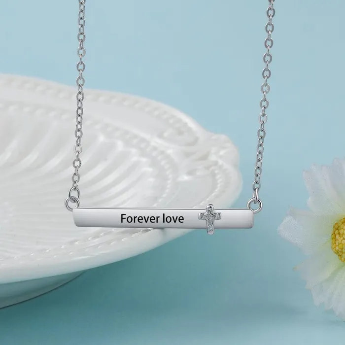 Necklaces Personalized Jewel Personalized Womens Silver Name Necklace with Strip Shape Pendant Cross CZ Stone Trendy Customizable Jewelry for Girls
