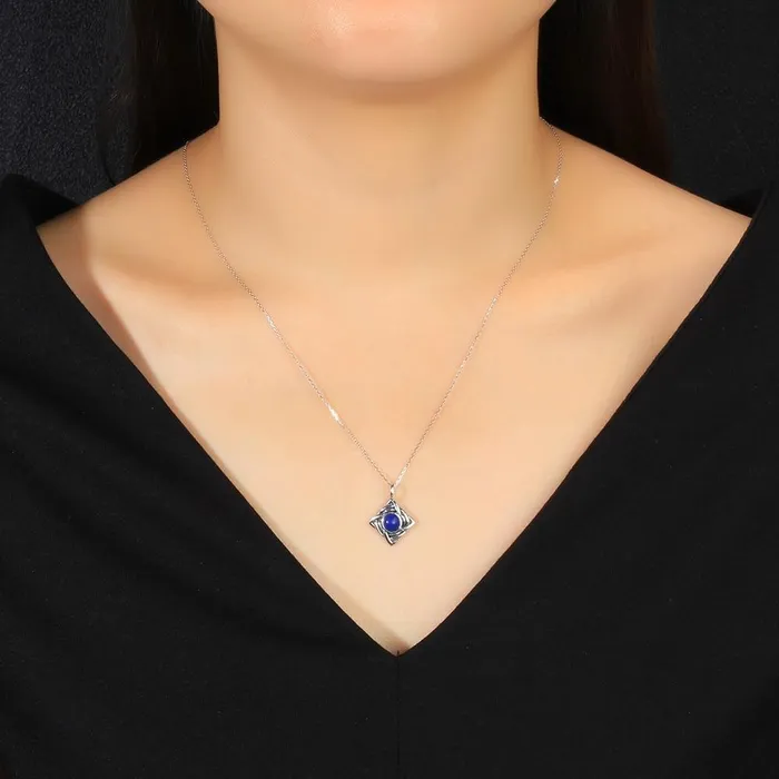 Necklaces Personalized Jewel Vintage Rhombus Shape Blue Cubic Zirconia 925 Sterling Silver Necklace Pendant For Women Fashion Jewelry