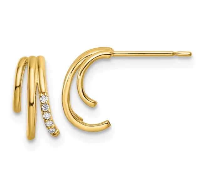 Quality Gold Earrings 14k Yellow Gold Triple Hoop CZ Earrings I7336