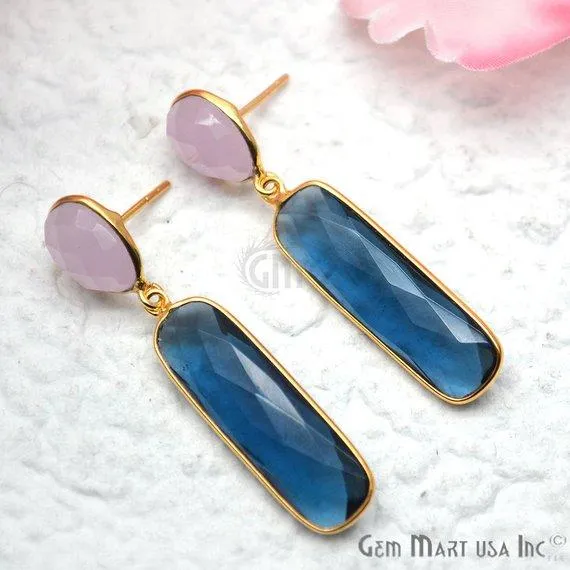 Rectangle Round Shape 46x10mm Gold Plated Gemstone Dangle Stud Earring Choose Your Style GDER3 GemMartUSA Earrings