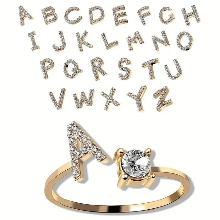 Rings Customized Jewel Initial Letter Adjustable Ring With Glittering Stones