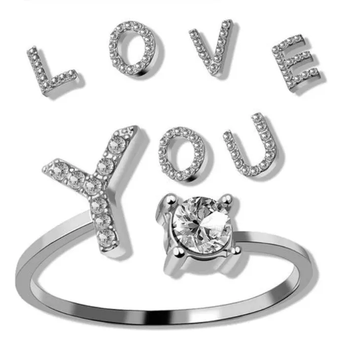 Rings Customized Jewel Initial Letter Adjustable Ring With Glittering Stones