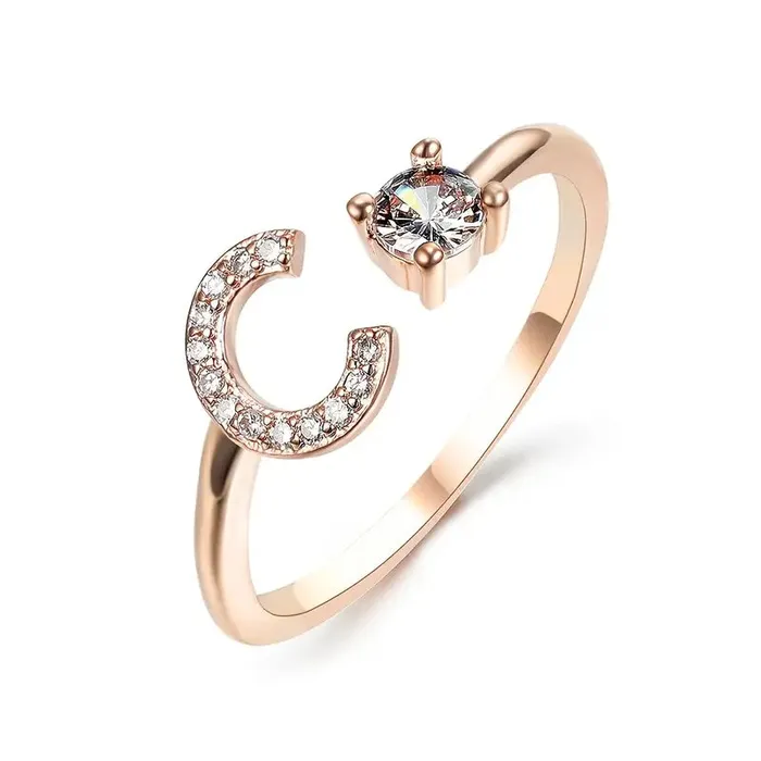 Rings Customized Jewel Initial Letter Adjustable Ring With Glittering Stones