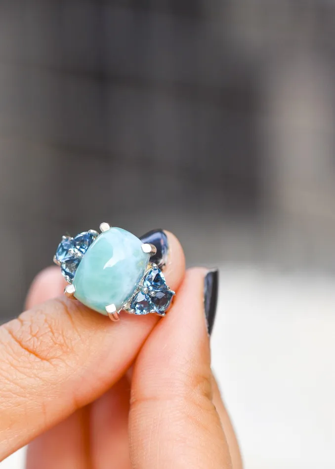 Rings YoTreasure 730 Ct Natural Larimar London Blue Topaz Solid 925 Sterling Silver Ring Jewelry