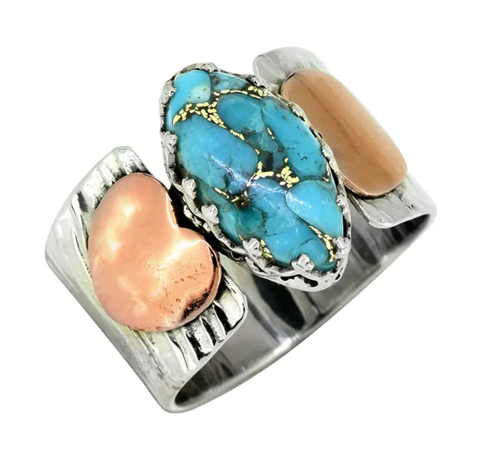 Rings YoTreasure Blue Copper Turquoise Solid 925 Sterling Silver Brass Ring