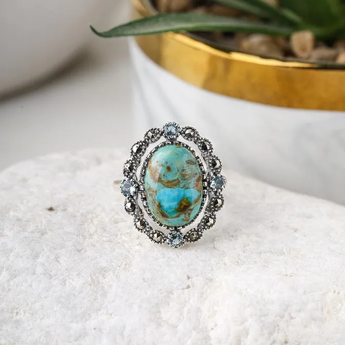 Rings YoTreasure Blue Mohave Turquoise Swiss Blue Topaz Marcasite 925 Sterling Silver Ring