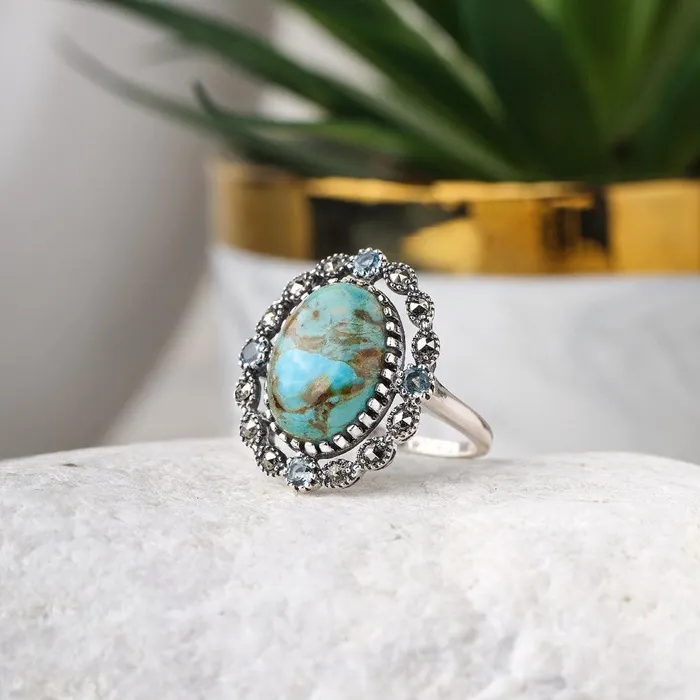 Rings YoTreasure Blue Mohave Turquoise Swiss Blue Topaz Marcasite 925 Sterling Silver Ring