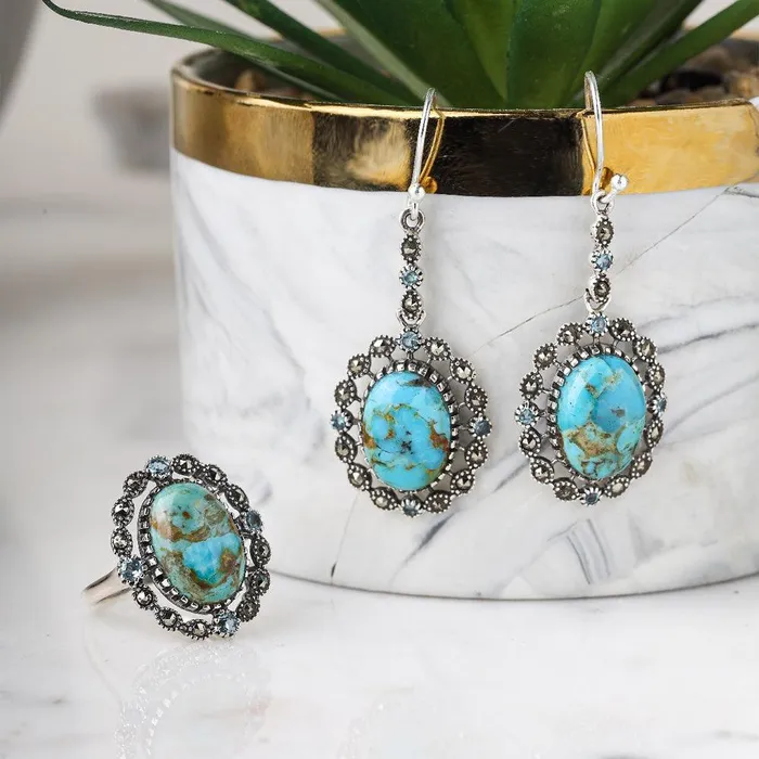 Rings YoTreasure Blue Mohave Turquoise Swiss Blue Topaz Marcasite 925 Sterling Silver Ring