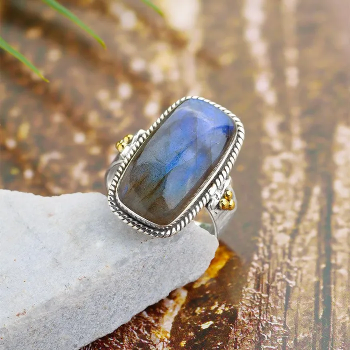 Rings YoTreasure Labradorite Solid 925 Sterling Silver Bold Ring With Brass Accents Jewelry