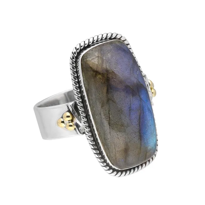 Rings YoTreasure Labradorite Solid 925 Sterling Silver Bold Ring With Brass Accents Jewelry