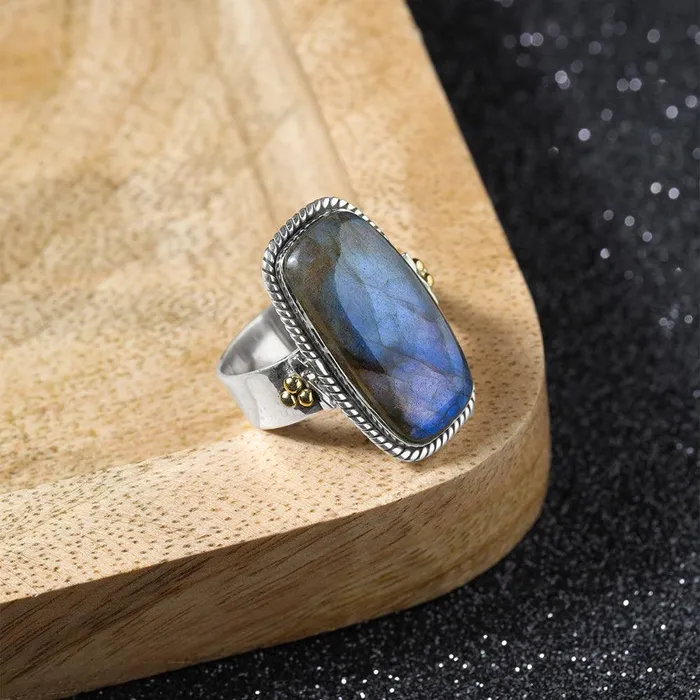 Rings YoTreasure Labradorite Solid 925 Sterling Silver Bold Ring With Brass Accents Jewelry