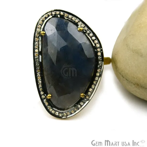 Sapphire with Diamond Pave Ring 925 Sterling Silver Gold Vermeil Adjustable Gemstone Ring NDRG12015 GemMartUSA Rings Sapphire with Diamond Pave Ring 925 Sterling Silver Gold Vermeil Adjustable Gemstone Ring NDRG12015 GemMartUSA Rings