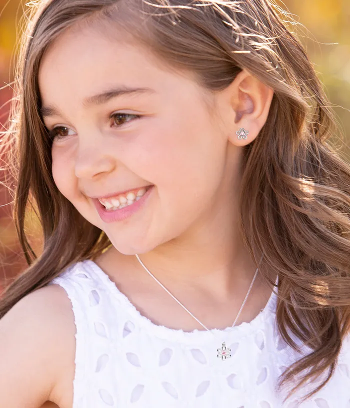 Sterling Silver Pink Outline Daisy Earrings for Baby and Kids Cherished Moments Earrings Sterling Silver Pink Outline Daisy Earrings for Baby and Kids Cherished Moments Earrings