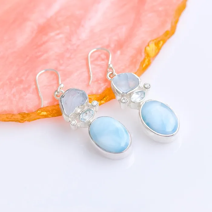 YoTreasure Earrings Larimar Raw Blue Topaz 925 Solid Sterling Silver Earrings