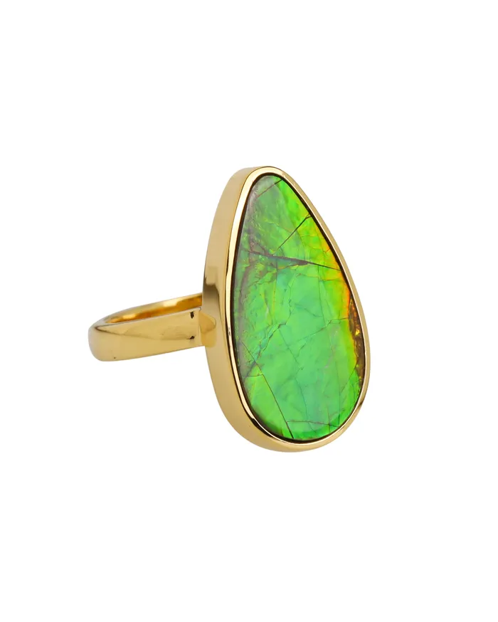YoTreasure Rings 14K Gold Vermeil Over 925 Silver 8 Cts Ammolite Gemstone Ring