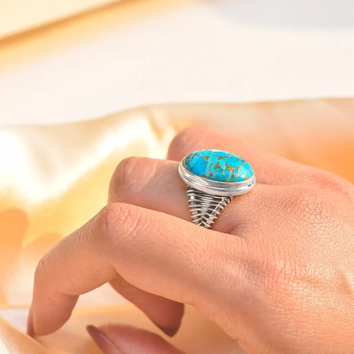 YoTreasure Rings Blue Copper Turquoise Solid 925 Sterling Silver Cocktail Ring Jewelry