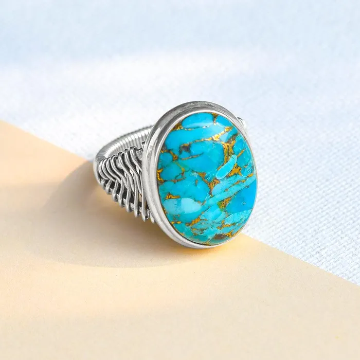 YoTreasure Rings Blue Copper Turquoise Solid 925 Sterling Silver Cocktail Ring Jewelry