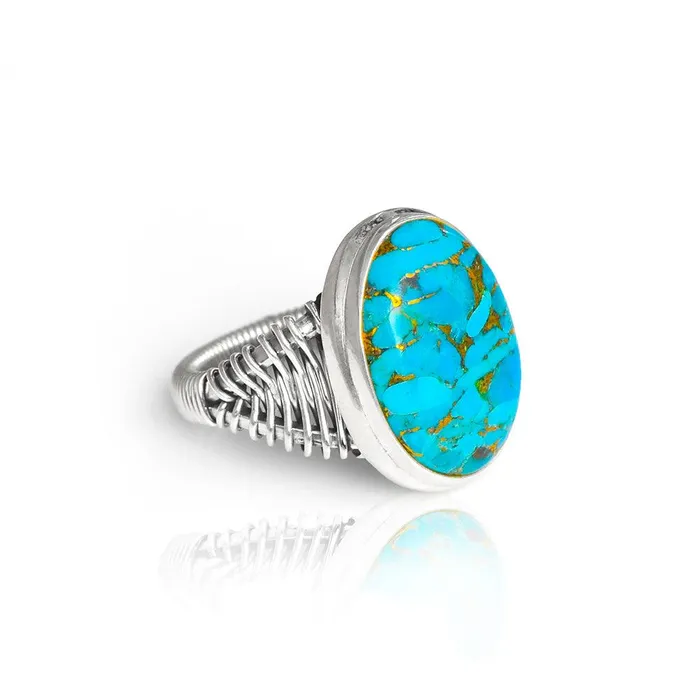 YoTreasure Rings Blue Copper Turquoise Solid 925 Sterling Silver Cocktail Ring Jewelry