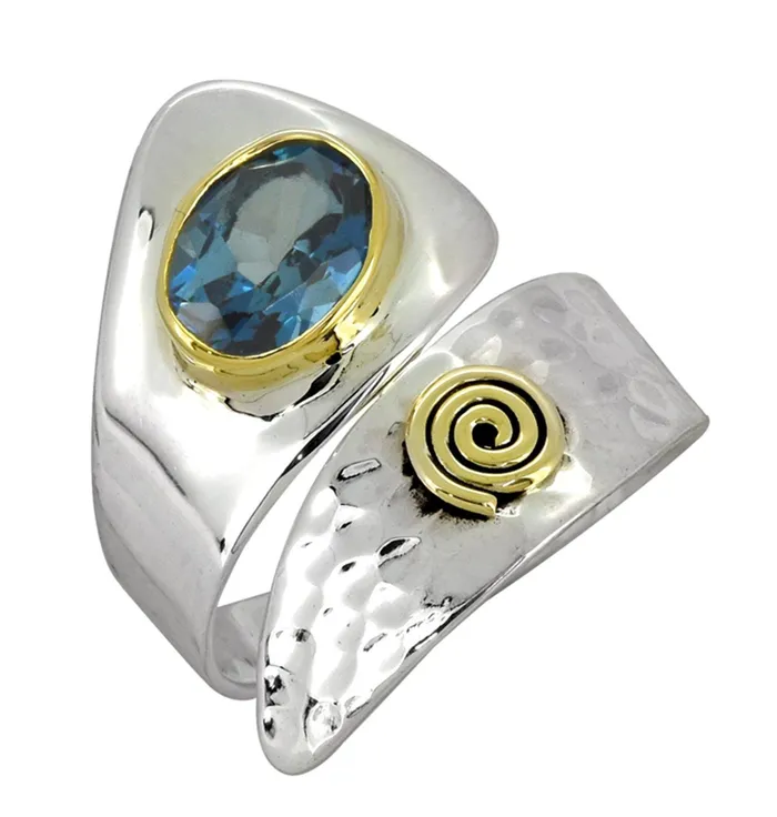 YoTreasure Rings London Blue Topaz Solid 925 Sterling Silver Brass Two Tone Ring Jewelry YoTreasure Rings London Blue Topaz Solid 925 Sterling Silver Brass Two Tone Ring Jewelry