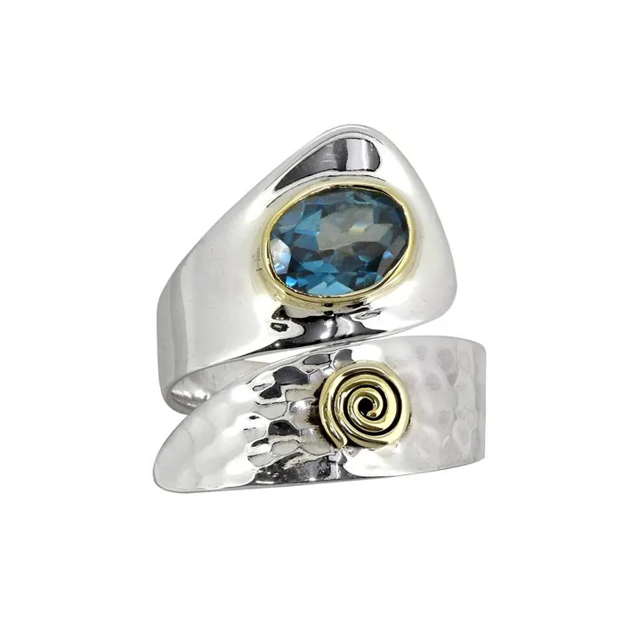 YoTreasure Rings London Blue Topaz Solid 925 Sterling Silver Brass Two Tone Ring Jewelry