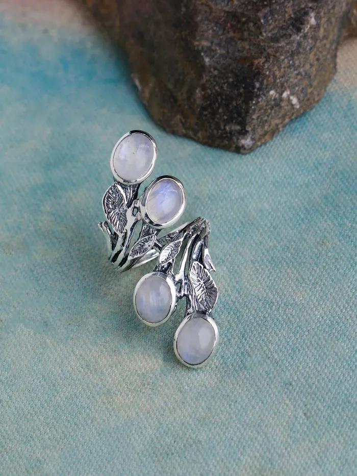 YoTreasure Rings Rainbow Moonstone Solid 925 Sterling Silver Bypass Ring Jewelry YoTreasure Rings Rainbow Moonstone Solid 925 Sterling Silver Bypass Ring Jewelry